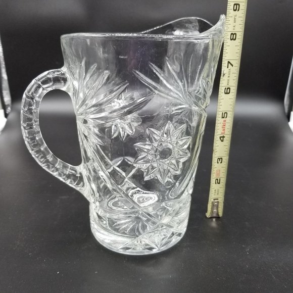 Vintage Clear Water Tea Drink Pitcher Floral Pressed Glass 8.50" Ribbed Handle - Picture 12 of 14